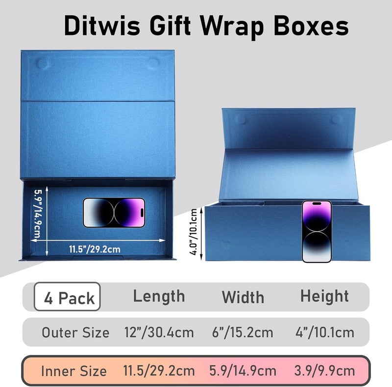 Ditwis 4 Pack 12x6x4 Inches Gift Boxes with Magnetic Closure Lids, Blue Magnetic Box for Wedding, Groomsmen Bridesmaid Proposal, Birthdays, Mother's Day - Image 2
